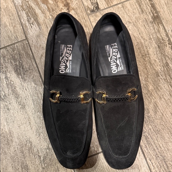 Salvatore Ferragamo Black Suede Loafers with Gold Accent